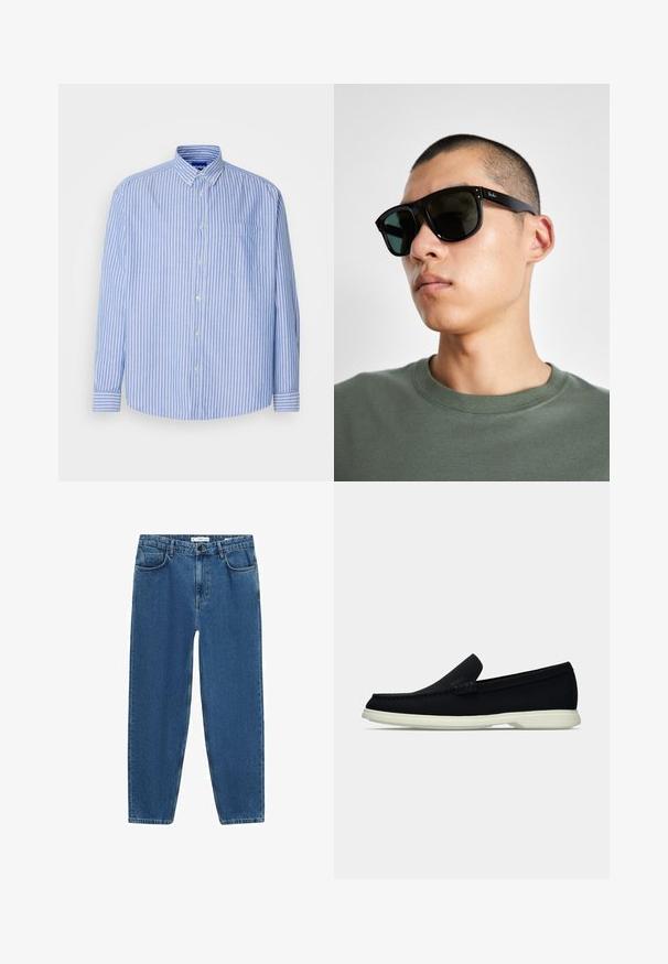Modra in bela špicate srajca s kragnico, enim žepom na prsih in dolgimi rokavi, narejena iz lahkega materiala.; Svetlo modri kavbojki z ravnim krojem, ki imajo klasičen petnamenski stil in gumbasto zapiranje pri pasu.; Črne slip-on čevlje z zaobljenim nosom, ki imajo strukturirano zgornji del, gladek bel podplat in subtilen logotip na strani.; Črne pravokotne sončna očala s temnimi lečami, ki imajo značilno obliko in blagovno znamko na ročaju. Nosijo jih oseba v zeleni majici.