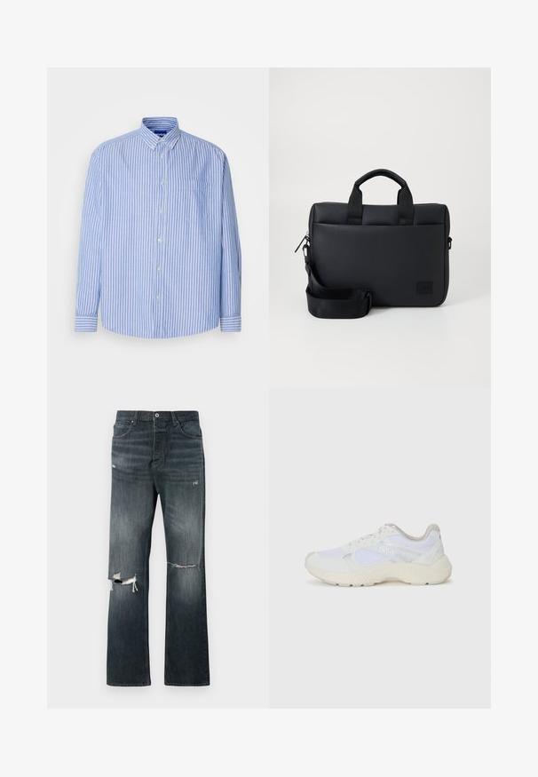 Modrá a biela pruhovaná košeľa s golierom, jednou náprsní vreckom a dlhými rukávmi, vyrobená z ľahkého materiálu.; Džínsy v tmavom prania s voľným strihom, s dvoma roztrhnutými kolenami, štandardným zapínaním na gombík a dizajnom s piatimi vreckami.; Biele atletické topánky vyrobené z materiálov sieťoviny a semišu, s textúrovanou strednou podošvou, textúrovanými akcentmi a logom "HUGO" na boku.; Čierna textúrovaná taška na laptop s dvojitými hornými úchytmi, odnímateľným popruhom, zipsovým uzatváraním a malou nášivkou s logom pre značkovanie.