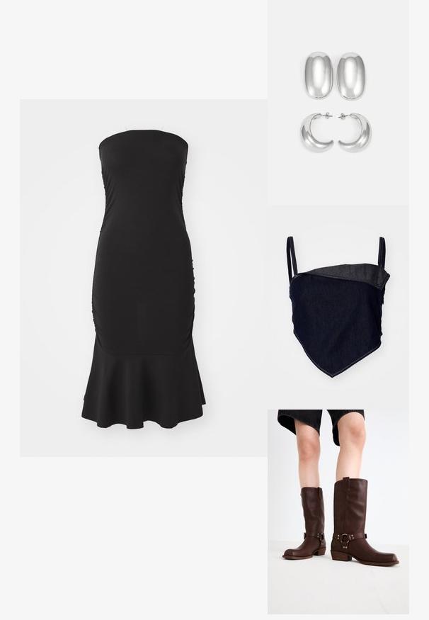 Denimový bralet s priliehavým strihom. Tmavomodrá látka s svetlejšou, uhlovou časťou. Nastaviteľné popruhy a viditeľné švy.; Čierne bezramienkové šaty vyrobené z elastického materiálu, s naťahovaním po stranách a rozšíreným lemom. Hladký povrch s priliehavým strihom.; Hnedé kožené vysoké čižmy s okrúhlou špičkou, štruktúrovaným povrchom, opaskom okolo členka a detailmi zo strieborného kovu; s vysokým podpätkom.; Súprava strieborných náušníc: dva oválne pecky a dva polkruhové kruhy, s lesklým, hladkým povrchom a zaobleným tvarom.