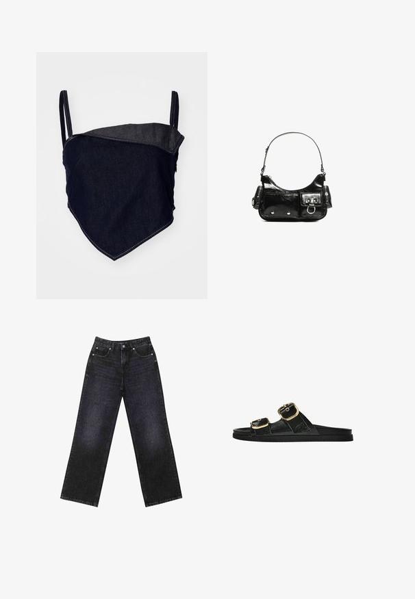 Denimowy biustonosz w dopasowanym kroju. Ciemnoniebieski materiał z jaśniejszą, kątową wstawką. Regulowane ramiączka i widoczne detale przeszyć.; Czarne dżinsy z wysokim stanem i szerokimi nogawkami, pięciokieszeniowy design oraz widoczne szwy. Materiał ma gładkie, lekko teksturowane wykończenie.; Czarne klapki z dwoma złotymi klamrami, gładki materiał, płaska podeszwa i minimalistyczny design.; Czarna torebka z lakierowanej skóry o zaokrąglonym kształcie, z jednym paskiem na ramię, przednimi kieszeniami i akcentami w kolorze srebrnym.