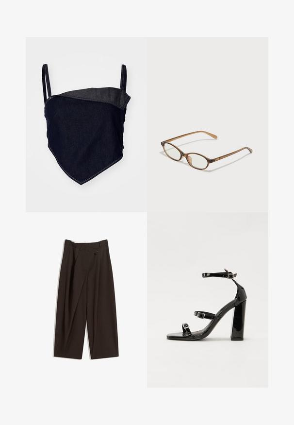 Bralet din denim cu un design ajustat. Țesătură albastră închisă cu un panou unghiular mai deschis. Bretele ajustabile și detalii de cusătură vizibile.; Pantaloni largi de culoare maron închis, cu talie înaltă, având închiere cu un singur nasture și un față pliată. Confectionați dintr-un material ușor.; Sandale cu toc din patent negru, cu vârf pătrat, curele la gleznă și catarame din argint. Dispune de un toc gros pentru stabilitate.; Ochelari în nuanță de țestoasă maro, cu lentile ovale, brațe subțiri și accente transparente. Prezintă un logo subtil pe tâmplă. Design elegant și ușor.