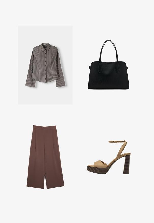 Prugasta srajca z gumbi v rjavi in beli barvi, z dolgimi rokavi, koničastim ovratnikom in ukrivljenim robom. Teksturovana tkanina z navpičnimi črtami.; Rjave široke hlače z gladko teksturo, ki imajo visok pas in sprednje naborke. Tkanina je lahka in prosto pada.; Bež semiš sandali na visoki peti z širokim sprednjim trakom in trakom okoli gležnja, opremljeni z debelim lesenim blokom peto z teksturirano površino.; Črna usnjena torbica z dvema naramnima trakoma, pravokotne oblike in minimalističnim dizajnom na beli podlagi.