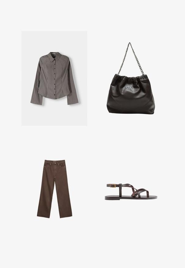 Pruhovaná košeľa s gombíkmi v hnedej a bielej farbe, so zapínaním na dlhé rukávy, špicatým golierom a zakriveným spodným lemom. Textúrovaná tkanina s vertikálnymi pruhmi.; Džínsy s širokými nohavicami v hnedej farbe, vyrobené z denimu, so zvýšeným pásom, prednými vreckami a klasickým zapínaním na gombík. Hladká textúra s jemným prešívaním.; Hnedé kožené sandály s krížovými popruhmi, uzatváraním na pracku okolo členku a plochou podrážkou s minimálnymi ševmi.; Hnedá kožená taška so zberaným vrchom a reťazovým popruhom. Hladký povrch s lesklým finišom a jemným švom po stranách.