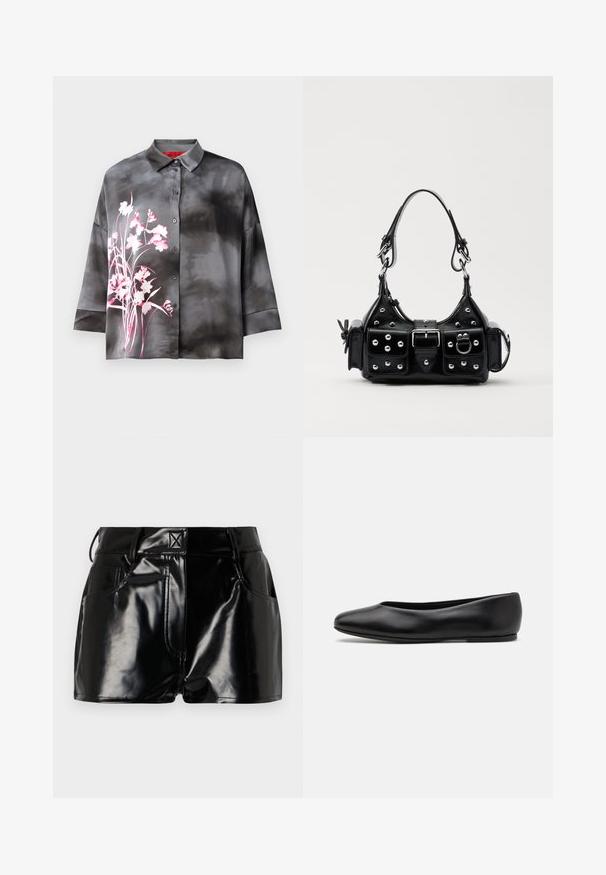 Blusa di satin grigia con motivo floreale rosa, dotata di apertura con bottoni, colletto e maniche a tre quarti. Texture liscia e vestibilità rilassata.; Shorts neri e lucidi realizzati in materiale sintetico. Presentano una vita aderente, passanti per la cintura e tasche frontali con evidenti dettagli di cucitura.; Paul Smith TOPANGA - Ballerine - black; Borsa a mano in pelle nera con design curvo, caratterizzata da borchie argentate, una fibbia e due tasche laterali. Tracolla regolabile per diverse opzioni di trasporto.