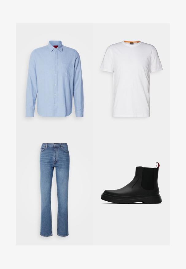 Světle modrá košile s dlouhým rukávem, zapínání na knoflíky, vyrobena z texturované látky. Obsahuje límec s knoflíky a kapsu na levé straně hrudi s jemným prošíváním.; Bílý bavlněný tričko s kulatým výstřihem, krátkými rukávy a jemně embosovaným logem na hrudi. Vnitřní štítek má oranžový akcent.; Modré denimové džíny s vysokým pasem, rovnými nohavicemi a jemným vyblednutím. Mají klasický pětikusový styl a zapínání na zip.; Černé kotníkové boty s hladkým povrchem, elastickými bočními panely a kontrastním červeným poutkem, s tlustou gumovou podrážkou a zaoblenou špičkou.