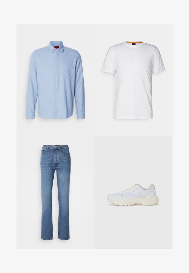 Vaaleansininen pitkähihainen napitettava paita, joka on valmistettu teksturoidusta kankaasta. Ominaisuuksiin kuuluvat nappikaulus ja vasemmassa rintataskussa hienovarainen ompelutieto.; Valkoinen puuvillateepaita, jossa on pyöreä kaula-aukko, lyhyet hihat ja hillitty kohopainettu logo rinnassa. Sisämerkissä on oranssi yksityiskohta.; Siniset farkut korkealla vyötäröllä, suoralla lahkeella ja hienovaraisella kulutuksella. Ominaisuuksiin kuuluu klassinen viiden taskun tyyli ja vetoketjukiinnitys.; Valkoiset urheilukengät, jotka on valmistettu verkkokankaasta ja mokasta, sisältävät tekstuurillisen välipohjan, teksturoituja yksityiskohtia ja "HUGO"-logon sivussa.