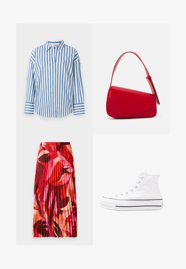 Striped button-up shirt in light blue and white, featuring a classic collar, long sleeves with contrasting cuffs, and a slightly curved hem.; Pleated maxi skirt in vibrant red, pink, and brown floral pattern. Elastic waistband and smooth texture enhance comfort and style.; White high-top canvas sneaker with black rubber sole, front rubber toe cap, and six eyelets for laces, featuring a clean, minimalist design.; Red leather handbag with an angular, geometric design. Features a single adjustable strap and a flap closure with stitched detailing.