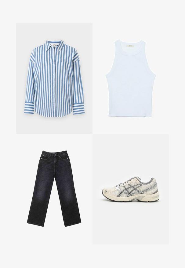 Raidoitettu napapaita vaaleansinisessä ja valkoisessa, jossa on klassinen kaulus, pitkät hihat erottuvilla hihoilla ja hieman kaareva helma.; Valkoinen hihaton toppi, ribbed rakenne, pyöreä pääntie, hihaton malli, tiukka muoto, hillitty brändäys kauluksella sisäpuolella.; Korkeavyötäröiset mustat farkut, joissa on leveä lahje, viisi taskua ja näkyvät tikkaukset. Kangas on sileä, hieman teksturoitu pinnaltaan.; Juoksukengät, joissa on hengittävä valkoinen verkkopäällinen, hopeiset yksityiskohdat, harmaat nauhat ja kestävä musta kumipohja. Kevyt ja pehmeä malli.