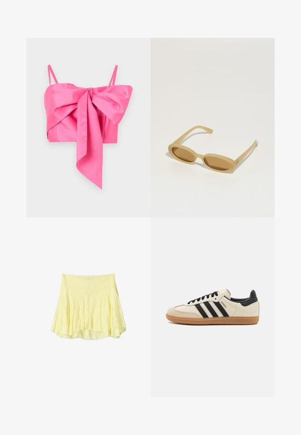 Top corto rosa con un dettaglio a fiocco frontale, realizzato in un tessuto liscio con spalline sottili e una silhouette elegante.; Camisola in pizzo giallo con dettaglio davanti a nodo, spalline sottili e una silhouette fluida. La texture delicata e il tessuto morbido creano un aspetto leggero.; Gonna a campana gialla realizzata in tessuto testurizzato, con un design a strati e un orlo leggermente irregolare. Aspetto leggero e arioso.; Scarpa sportiva beige con strisce nere, suola in gomma naturale e dettagli neri. Presenta una tomaia in pelle liscia e un design a punta arrotondata.; Occhiali da sole ovali marroni con montatura in plastica marrone chiaro. Le aste sottili e le lenti oscurate offrono un design elegante e minimalista.