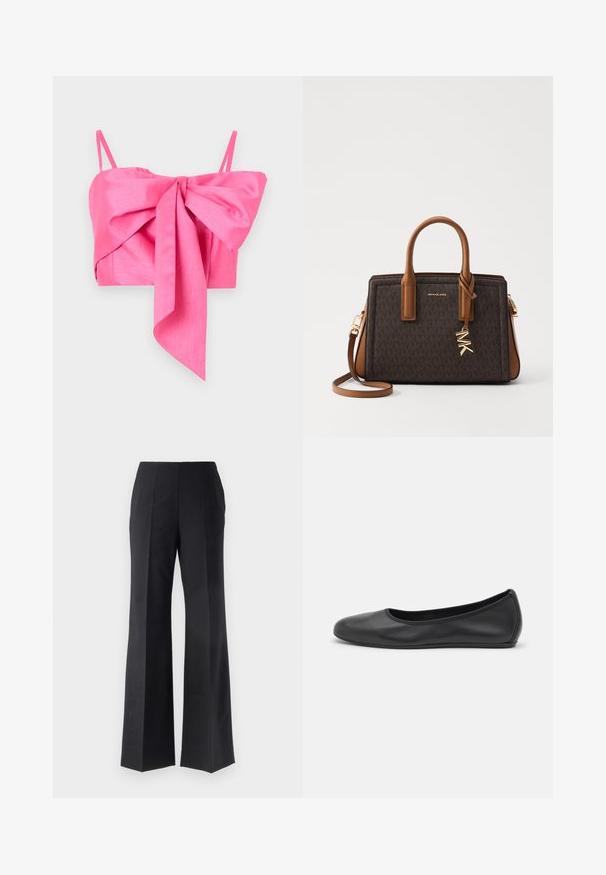 Pink cropped top featuring a bow detail at the front, made of a smooth fabric with thin straps and an elegant silhouette.; Black tailored trousers with a flared leg design, featuring vertical pleats and a smooth texture. No visible hardware or accents.; Black leather ballet flat with a rounded toe, smooth texture, minimal stitching detail, and a flexible sole design.; MICHAEL Michael Kors LAILA SATCHEL - Handbag - brown