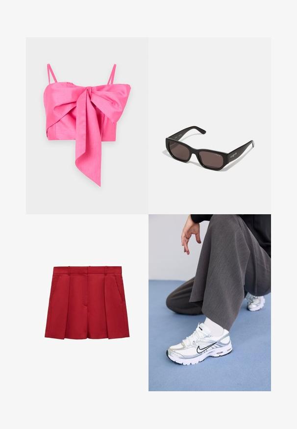 Top corto rosa con un dettaglio a fiocco frontale, realizzato in un tessuto liscio con spalline sottili e una silhouette elegante.; Pantaloni corti rossi su misura realizzati in tessuto leggero, con frontale piatto, due tasche laterali e un finish elegante con pieghe.; Scarpe da ginnastica bianche e argento in materiali sintetici e mesh, con linee nere di accento, lacci e suole testurizzate.; Occhiali da sole rettangolari neri con lenti scure. Presentano una montatura in plastica liscia e un dettaglio del logo sulla tempia. Design pulito e moderno.