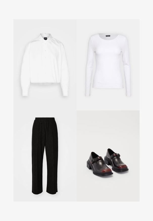 GAP Blusa com botões - optic white; Top branco canelado de mangas longas com um decote redondo. Feito de um tecido elástico que se ajusta ao corpo. Apresenta linhas horizontais sutis.; Calças largas e pretas com riscas verticais brancas, apresentando uma cintura elástica para conforto e uma textura suave e macia.; Sapatos de tacão bloco em couro com acabamento brilhante em bordeaux escuro, apresentando uma tira com fivela e design de bico arredondado. Sola texturizada para melhor aderência.