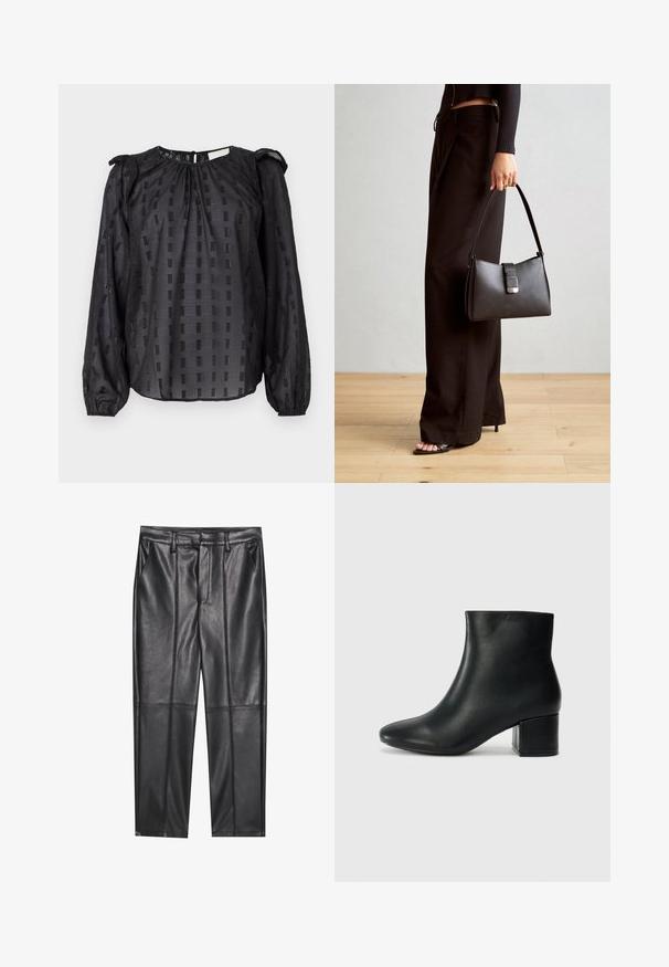Blusa preta de mangas longas com um padrão texturizado de quadrados, decote franzido e mangas bufantes com punhos elásticos.; Calças de pele preta com uma textura suave, apresentando um ajuste reto, dois bolsos frontais e detalhes de costura visíveis.; Botas de tornozelo em pele preta com bico pontiagudo e um salto robusto. Textura suave com acentos mínimos e um design ajustado e elegante.; Bolsa preta com forma estruturada, textura suave e um fecho metálico. Combinada com calças largas pretas e sandálias de salto aberto sobre um chão de madeira.