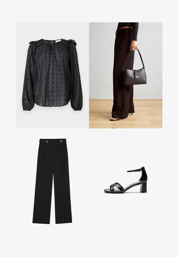 Blusa preta de mangas longas com um padrão texturizado de quadrados, decote franzido e mangas bufantes com punhos elásticos.; Calças largas pretas com cintura alta, detalhes em botão na cintura e pregas frontais.; Sandália de salto alto preta, com ponta aberta, tiras cruzadas, tira de tornozelo ajustável e um salto robusto, apresentando uma textura de pele lisa.; Bolsa preta com forma estruturada, textura suave e um fecho metálico. Combinada com calças largas pretas e sandálias de salto aberto sobre um chão de madeira.
