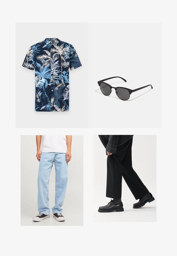 Camisa de manga curta com fundo azul marinho e estampa tropical de folhas de palmeira azul-claro e pássaros coloridos. Gola com botões.; Calças de ganga de tom azul claro com um ajuste descontraído, apresentando um design de perna reta e costuras padrão, combinadas com ténis pretos.; Sapatos de couro pretos com bico arredondado, design de atacadores e sola espessa e texturizada. Usados com calças pretas ajustadas e um suéter com nervuras.; Óculos de sol pretos com lentes redondas, acabamento mate e forma distinta de olho de gato. Braços finos com uma marcação subtil na têmpora esquerda.