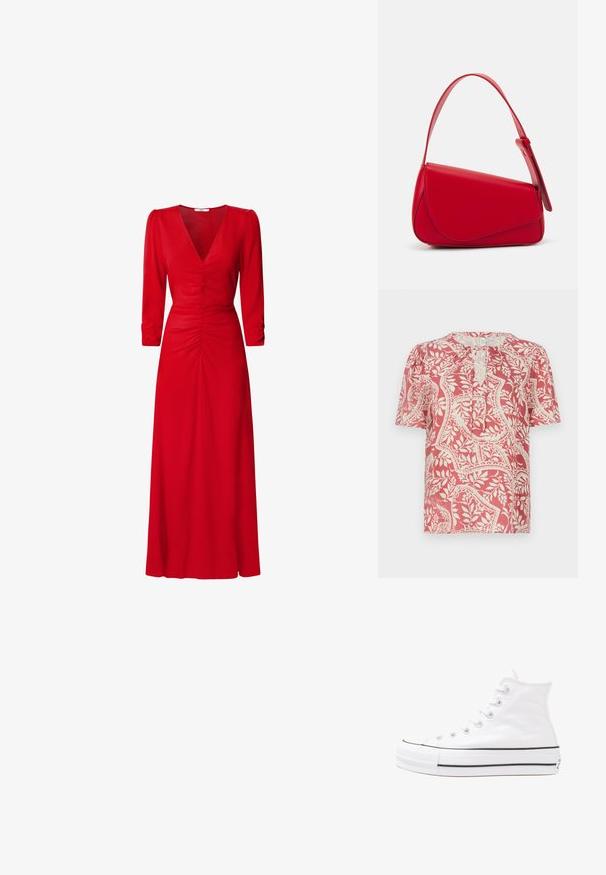 Īsām piedurknēm blūze gaiši sarkanā krāsā ar krēmkrāsas ziedu un ģeometrisku rakstu, ar atslēgas caurumu apakšā un mīkstu, vieglu audumu.; Sarkana kleita ar V veida kakla izgriezumu, trīs ceturtdaļu piedurknēm un ruched detaļām viduklī un mugurā. Audums izskatās gluds un viegls.; Balti augstie kanvas sporta apavi ar melnu gumijas zoli, priekšējo gumijas purngalu un sešām acīm lencēm, kuriem ir tīrs, minimālistisks dizains.; Sarkans ādas rokassomi ar stūrainu, ģeometrisku dizainu. Iekļauj vienu regulējamu siksnu un vāku ar izšūtu detaļu.