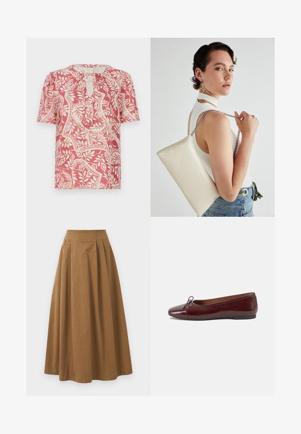 Blus med kort ärm i ljusröd färg med krämfärgad blommig och geometrisk mönstring, med en nyckelhålsringning och mjukt, lätt material.; Brun bomull A-linje kjol med hög midja, med veck ned längs framsidan och en mjuk textur. Sömmen är ren och enkel.; Burgunderfärgad lackläderballettskor med rund tå, liten rosettdekoration fram och en låg, svart gummisula. Slät textur.; Vitt rektangulärt clutch-väsk i glänsande material, med en kedjesnor i silver. Modellen poserar och visar upp väskan mot en neutral bakgrund.