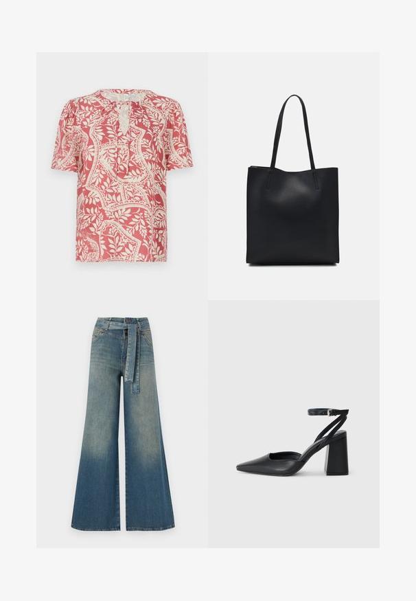 Bluză cu mânecă scurtă de culoare roșie deschisă, cu un model floral și geometric în nuanțe de crem, având un decolteu tip chei și un material moale și ușor.; Pantaloni din denim largi, cu un gradient de la albastru deschis la albastru închis, talie înaltă, bucle pentru curea și o curea din același material. Finisaj texturat din denim.; Pantofii cu toc ascuțit din piele neagră, cu breteaua pentru glezne și toc gros. Textură netedă, design elegant și estetică minimală.; Geantă tote neagră din piele, cu textură netedă, formă rectangulară și două mânere lungi. Fără hardware vizibil sau ornamente.