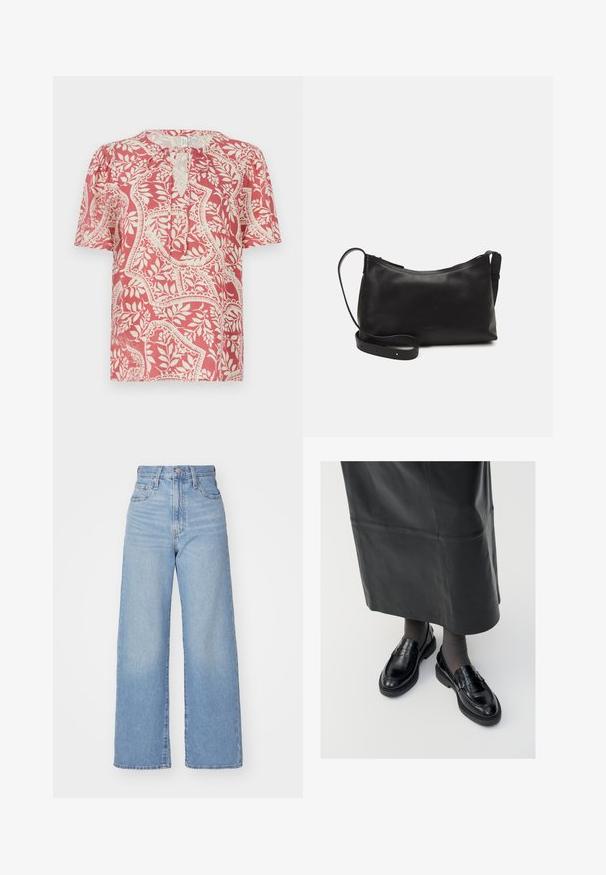 Short-sleeve blouse in light red with cream floral and geometric pattern, featuring a keyhole neckline and soft, lightweight fabric.; Light blue high-waist wide-leg jeans with front button and zip closure, front and back pockets, on a white background.; Black leather loafers with a smooth finish, featuring a decorative strap, round toe, and textured sole. Worn with a long black leather skirt.; Black leather shoulder bag with a smooth texture, curved shape, adjustable strap, and a zip closure. Minimalist design without embellishments.
