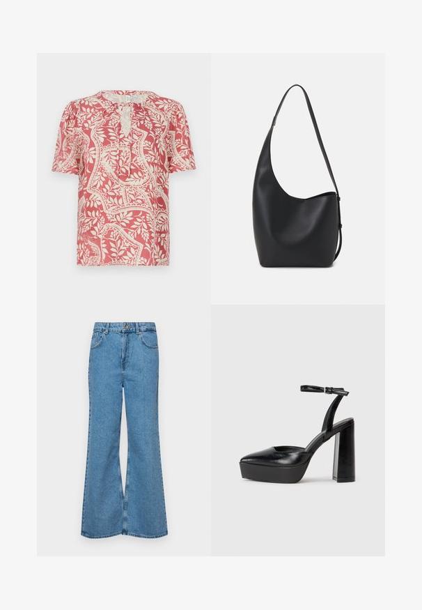Kratka majica s kratkimi rokavi v svetlo rdeči barvi s smetanasto cvetličnim in geometrijskim vzorcem, ki ima vratno odprtino v obliki ključavnice ter mehko in lahko tkanino.; Svetlo modri razširjeni džins hlače iz denima, z visokim pasom, petimi žepi in enim gumbom za zapiranje. Mehka tekstura z blagim zbledelim videzom.; Črne platforme z visokimi petami in koničastim nosom ter nastavljivim gležnjenjskim trakom. Narejene iz gladke usnje, s kockasto peto.; Črna usnjena hobo torba z gladko teksturo, ukrivljeno obliko in eno nastavljivo naramnico; ima širok odprtina na vrhu.