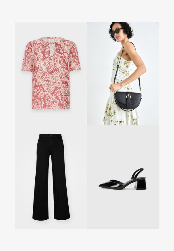 Blusa de mangas curtas em vermelho claro com padrão floral e geométrico em creme, apresentando um decote em forma de lágrima e tecido leve e suave.; Calças largas pretas em denim, com uma cintura estruturada, passantes para cinto e bolsos frontais. Textura suave com um design clássico.; Sandy em verniz preto com salto slingback, ponta afilada e salto geométrico. Apresenta um design elegante e minimalista com textura suave.; Bolsa de couro preta com forma curva, alça destacável e detalhes em dourado. A bolsa possui uma aba com detalhe de fivela.