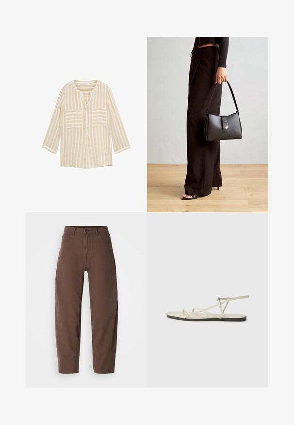 Beige raidallinen paita, jossa on pyöreä pääntie, kolme neljännesosaa hihat, kaksi etutaskua ja keskipaneeli. Valmistettu kevyestä kankaasta.; Ruske su ravne hlače s prednjim dugmetom i zatvaračem, petljama za remen i bočnim džepovima, prikazane na bijeloj pozadini.; Beige litte sandaalit, joissa on useita hoikkia hihnoja ja säädettävä solki. Pohja on litteä, ja reunassa on kevyt tumma kontrasti.; Musta käsilaukku, jossa on rakenteellinen muoto, sileä pinta ja metallinen solki. Yhdistetty leveisiin mustiin housuihin ja avonaiheisiin sandaaleihin puulattialla.