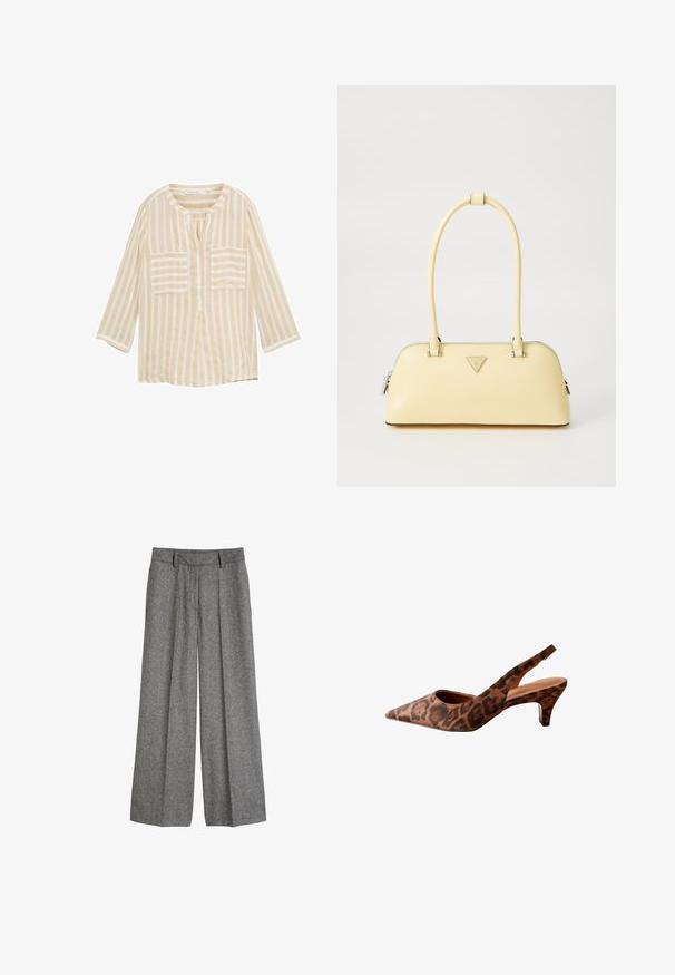 Blusa beige a righe con scollo rotondo, maniche a tre quarti, due tasche frontali e patta centrale. Realizzata in tessuto leggero.; Pantaloni larghi in lana grigia con passanti per cintura e pinces frontali, progettati per un fit rilassato e sartoriale.; Tacchi slingback con stampa leopardata, punta affusolata, tacco basso e texture liscia. Presentano un design con ritagli sui lati e sul retro.; Borsa a mano in pelle verniciata gialla con forma arrotondata, manico singolo superiore e una placca logo argentata. Presenta una chiusura con zip e una texture liscia.