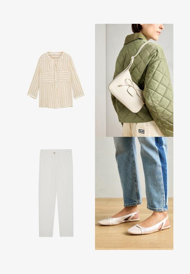 Beež triibuline pluus ringkaelusega, kolmeveerandvarrukatega, kahe esipocketiga ja keskne nöördisain. Valmistatud kerge kangast.; Valged kohandatud püksid sirge lõikega, varustatud nupuga kinnitusega, vöödega ja küljetaskutega; sile kangatekstuur.; Kahvatu roosa slingback lapikute jalatsite paar, millel on terav varvas, valmistatud siledast nahataolisest materjalist. Omab külgedel lõikekohti ja lapikut kontsa.; Beige nahkristi kott, millel on lipsu detail, kuldne riistvara ja ühekordne reguleeritav rihm, kantud rohelise tikandiga jope kohal.