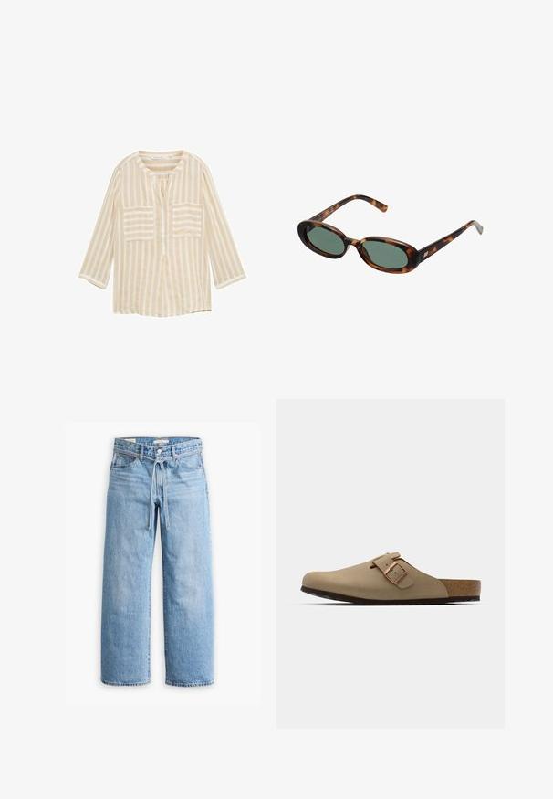 Bluză bej cu dungi, cu decolteu rotund, mâneci trei sferturi, două buzunare frontale și clapetă centrală. Fabricată dintr-un material ușor.; Jeanși cu talie înaltă, de culoare albastru deschis, cu picioare largi, închidere cu nasture și fermoar, și detaliu cu șnur la talie. Terminare brută a marginii.; Saboți bej cu vârf rotund, accent cu cataramă ajustabilă și talpă din plută. Suprafață texturată cu o talpă din cauciuc negru pentru aderență.; Ochelari de soare cu ramă din scoică de broască țestoasă și lentile verzi. Au brațe subțiri cu un accent metalic aproape de balamale.