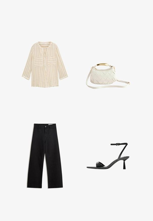 Béžová pruhovaná blúzka s okrúhlym výstrihom, trojštvrťovými rukávmi, dvoma prednými vreckami a stredným zapínaním. Vyrobená z ľahkého materiálu.; Čierne denimové nohavice s širokými nohavicami a vysokým pásom, so prednými a zadnými vreckami, šitými švami a zapínaním na gombík. Hladká textúra.; Bershka Sandále na vysokom opätku - black; Biela woven kožená kabelka so zlatým držadlom, odnímateľným ramenným popruhom a zaobleným dnom. Obsahuje zips na vrchu.