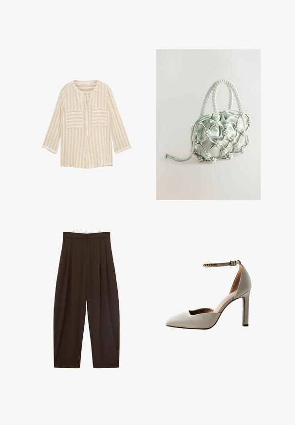 Béžová pruhovaná blůza s kulatým výstřihem, tříčtvrtečními rukávy, dvěma předními kapsami a středním zapínáním. Vyrobena z lehkého materiálu.; Hnědé kalhoty s vysokým pasem a sklady, vyrobené z hladké látky. Volný střih, rovné nohavice, obsahující poutka na opasek a zip.; Světle šedý lodičkový bot s špičatou špičkou, otevřeným svrškem, kotníkovým páskem a zlatým řetízkem. Hladká kožená textura.; Next Kabelka - blue