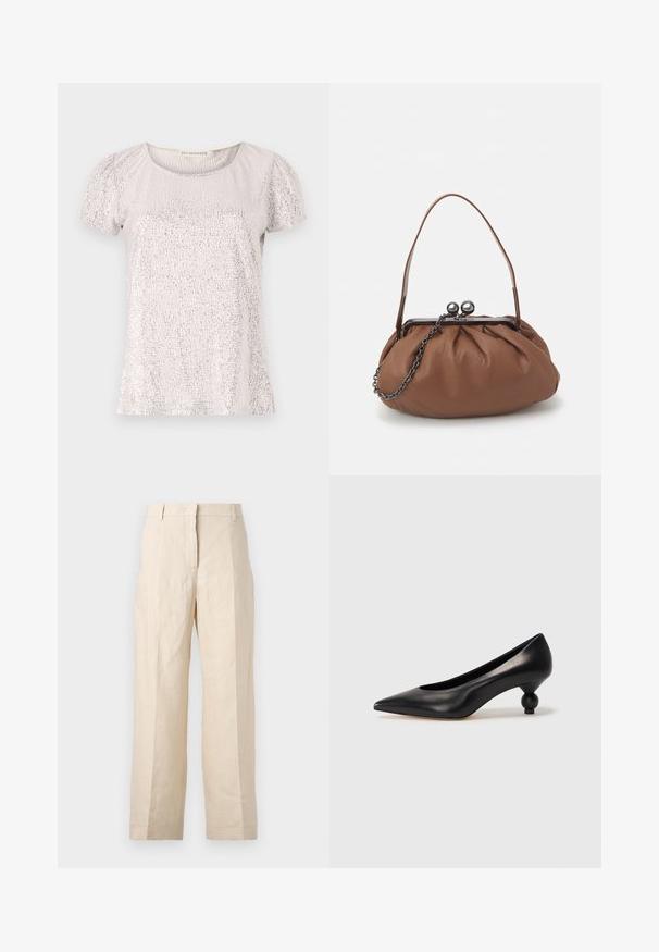 Top a maniche corte in beige chiaro con superficie testurizzata decorata da paillettes, dotato di scollo rotondo e maniche arricciate.; Pantaloni di lino beige con una vestibilità ampia, fronte plissettato e gambe dritte. Presentano una vita con passanti per cintura e senza tasche visibili.; Scarpa con tacco alto in pelle nera, con punta affilata e tacco arrotondato e bombato. Texture liscia con un design elegante e minimalista.; Borsa a tracolla in pelle marrone con un design arricciato, manico corto in pelle e tracolla a catena. Presenta una chiusura in metallo argentato con due accenti rotondi.
