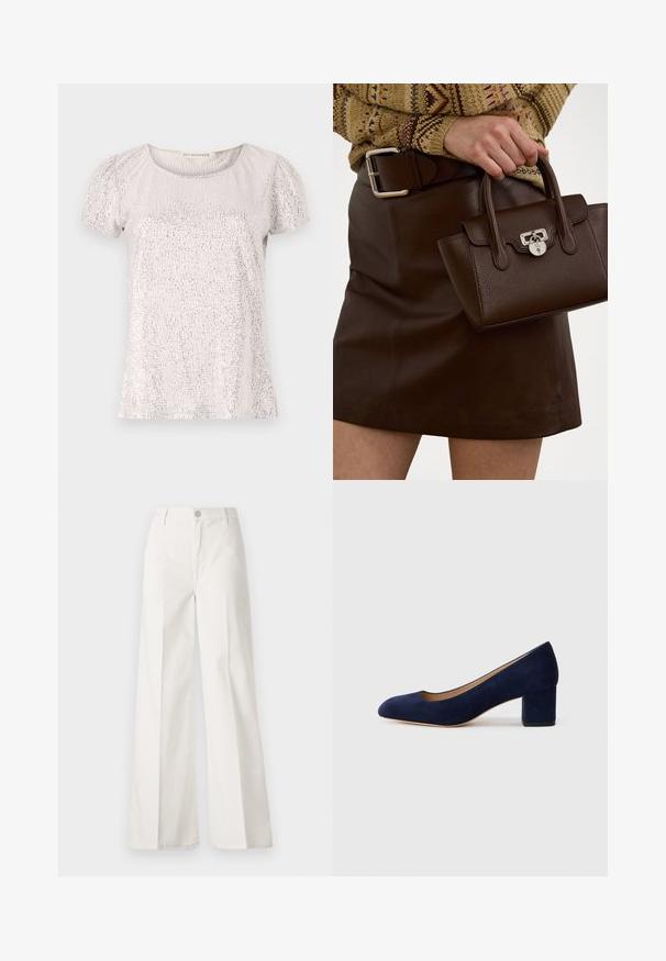 Short-sleeve top in light beige with a textured surface adorned with sequins, featuring a round neckline and gathered sleeves.; White wide-leg trousers made from cotton with a smooth texture. Features a front button, zipper fly, and four-pocket design.; Navy blue suede pump with a pointed toe and a mid-height block heel. Smooth texture with a subtle sheen and a small cutout at the front.; Brown leather handbag with a textured finish and silver hardware, held with a hand beside a brown leather skirt and patterned sweater.