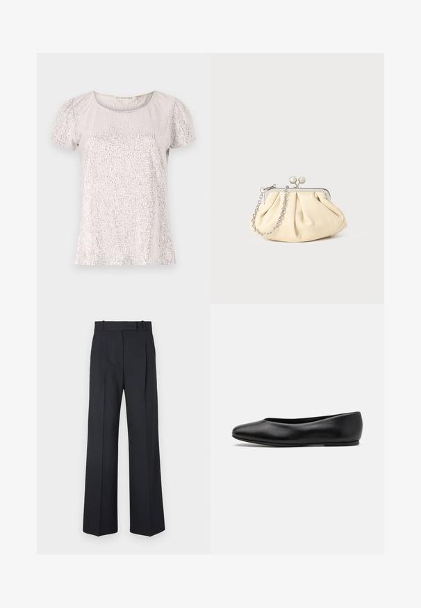 Kurzarmpullover in hellbeige mit strukturiertem Oberflächen, verziert mit Pailletten, runder Halsauschnitt und gerafften Ärmeln.; Dunkelblaue Nadelstreifenhosen mit hoher Taille, weit geschnittenem Bein und ohne sichtbare Beschläge oder Verzierungen. Glatte Textur und taillierte Passform.; Paul Smith TOPANGA - Klassischer Ballerina - black; Faltige beigefarbene Ledertasche mit einem silbernen Metallrahmen, ausgestattet mit zwei runden dekorativen Verschlüssen und einem silbernen Kettenriemen.