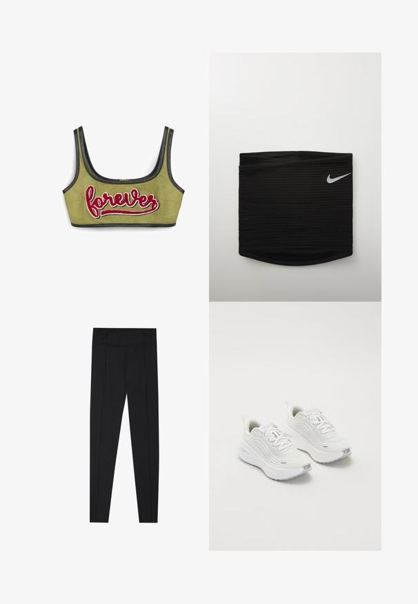 Top corto de ante verde oliva con ribetes negros y bordado en rojo de la palabra "forever" en cursiva, con un diseño de escote en forma de u ajustado.; Leggings negros con una textura suave, talle alto y detalles de costura a lo largo de los lados. Diseño ajustado, adecuado para diversas actividades.; Zapatillas deportivas blancas con parte superior de malla texturizada, suela acolchada y sutiles acentos grises. Incluye un logotipo y una pestaña en el talón para facilitar su uso.; Cinturilla atlética negra con textura acanalada, que presenta un pequeño logo de Nike en blanco en el lado derecho. Diseño liso y ajustado.