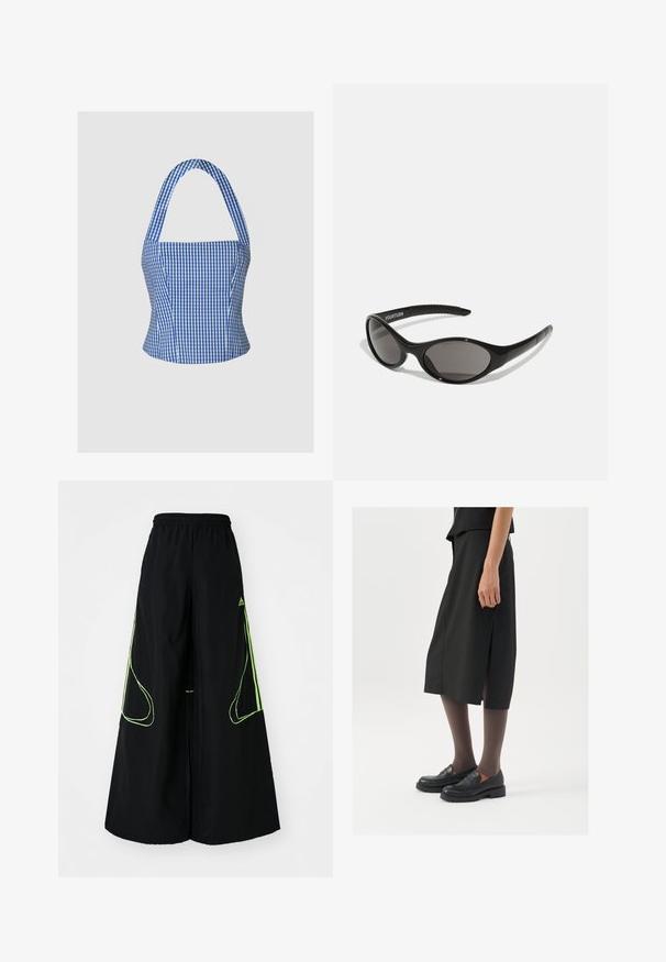 Modrý a bílý kostkovaný crop top se strukturovaným korzetem, halter krkem a širokými ramínky, vyznačující se hladkou texturou látky a přiléhavým střihem.; adidas Originals TEAMGEIST - Teplákové kalhoty - black/signal green; Černá sukně ke kolenům s bočním rozparkem, v kombinaci s černými loafers a průhlednými hnědými punčochami, vyrobená z hladkého materiálu a s jednoduchým designem.; Černé sluneční brýle oválného tvaru s temnými skly. Elegantní plastový rám s texturovanými akcenty na nožkách. Logo na straně.; Stříbrné kruhové náušnice s hladkým, leštěným povrchem a tenkým, kruhovým tvarem. Design obsahuje bezpečné zapínání.