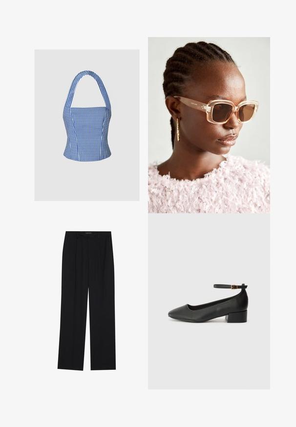 Mėlyna ir balta gingham stiliaus trumpa palaidinė su struktūruotu liemeniu, halter kaklu ir plačiomis petnešomis, pasižyminti lygiu audinio tekstūru ir prigludusia siluetu.; Juodos kelnes su tiesiomis sijonais, turinčios dvi priekinės kišenės ir juosmenį. Pagamintos iš lygios, lengvos medžiagos.; Juodas odinis aukštakulnis batelis su smailiu pirštu ir žemu bloku. Su kulkšnies dirželiu su auksinės spalvos sagtimi. Lygus paviršius.; Šviesiai rudos oversized saulės akiniai su skaidriais rėmeliais ir rudais tonuotais objektyvais, turintys subtilių gėlių akcentų ir drąsų, geometrinį dizainą.