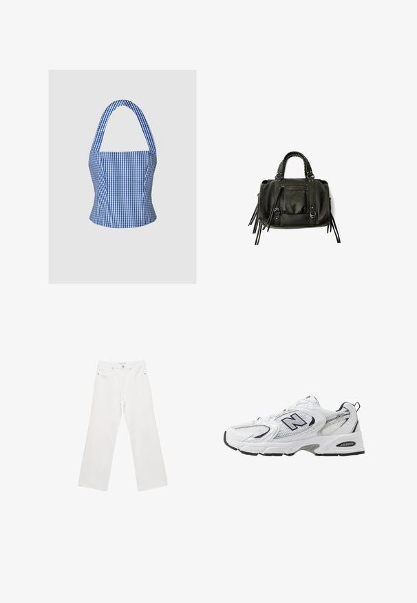 Top corto in gingham blu e bianco con un corpetto strutturato, collo all'americana e spalline larghe, che presenta una superficie di tessuto liscia e una silhouette aderente.; Pantaloni larghi in denim bianco con design a cinque tasche, dotati di minuteria metallica e cuciture a contrasto. Texture liscia e vestibilità rilassata.; Scarpa sportiva bianca con tomaia in mesh, dettagli in blu marino e suola imbottita. Presenta il logo "N", lacci e dettaglio texturizzato sul lato.; Borsa a tracolla in pelle nera con manici intrecciati, tasca con zip e nappine pendenti. Superficie texturizzata con borchie metalliche e dettagli in metallo.