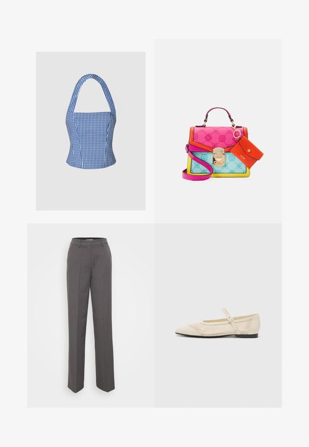 Kék és fehér kockás crop top, strukturált mellrésszel, pánt nélküli nyakkal és széles pántokkal, amely sima szövettextúrával és feszes sziluettel rendelkezik.; Szürke, szabott nadrág egyenes lábbal, övhurkokkal és sima szövettextúrával. Nincsenek látható minták vagy díszítések.; Beige balettcipők hegyes orral, hálós dizájnnal átfedve és oldalsó csatválasztékkal. Lapos talp, sima felülettel.; Többszínű kézitáska rózsaszín, kék és sárga panelekből, arany kiegészítőkkel és leválasztható narancs színű kártyatartóval. Texturált felület.