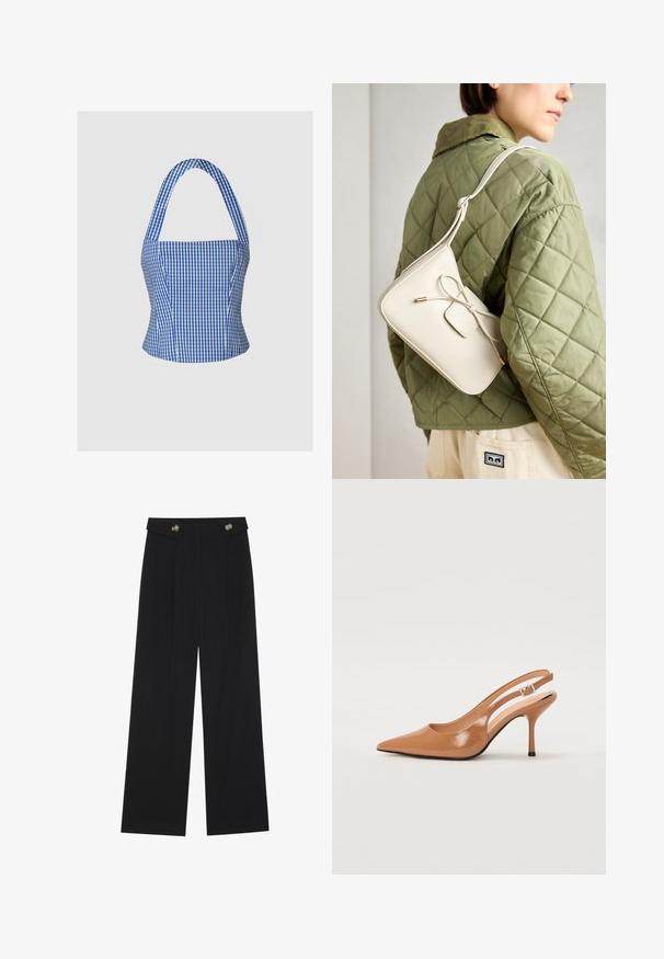 Modrý a biely károvaný crop top so štruktúrovaným korzetom, halter krkom a širokými ramienkami, pričom má hladkú textúru látky a priliehavý strih.; Čierne široké nohavice s vysokým pásom, so zapínaním na gombíky na páse a prednými sklady.; Sandal s úzkym podpätkom a špicatou špičkou v hladkej lesklej hnedej materiáli. Obsahuje zakrivený výrez a štíhly ihlový podpätok. Strieborný prackový detail.; Bežová kožená crossbody taška s detailom mašle, zlatým kovaním a jedným nastaviteľným popruhom, nosená cez zelenú prešívanú bundu.