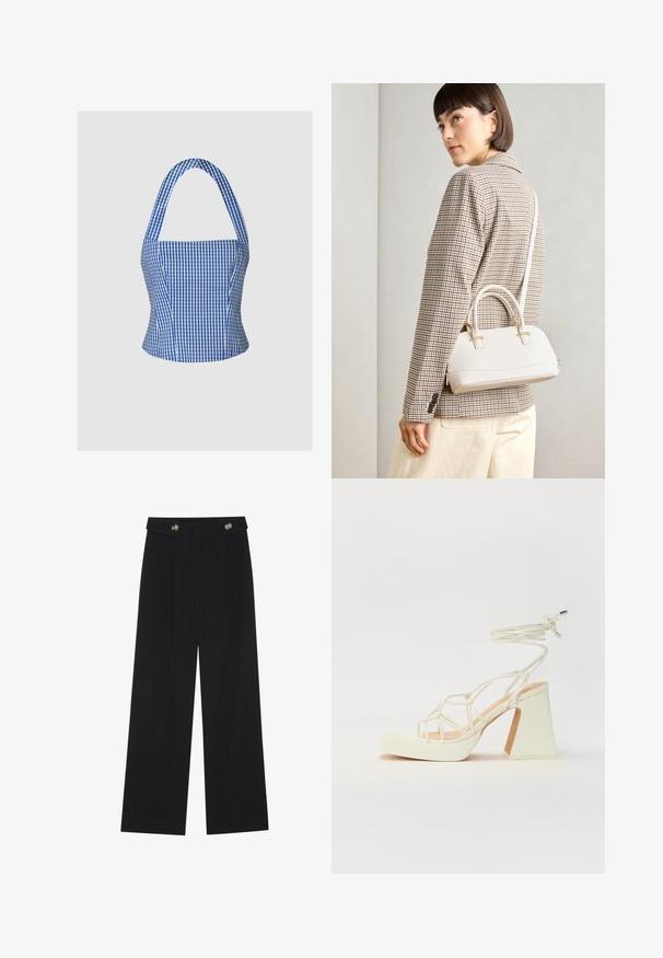 Blaue und weiße Gingham-Crop-Top mit strukturiertem Oberteil, Halterneck und breiten Trägern, ausgestattet mit einer glatten Stofftextur und taillierter Silhouette.; Schwarze weite Hosen mit hoher Taille, Knopfdetails am Bund und vorderen Falten.; Weiße High-Heel-Sandale mit einem klobigen Absatz, die über ein Riemchendesign und ein Knöchelband verfügt. Glatte Textur mit einer Plattform vorne für zusätzliche Höhe.; Weiße strukturierte Handtasche mit kurzen Griffen und einem Schultergurt, ausgestattet mit goldfarbenen Hardware-Elementen und strukturiertem Material, vor einem grauen Hintergrund präsentiert.