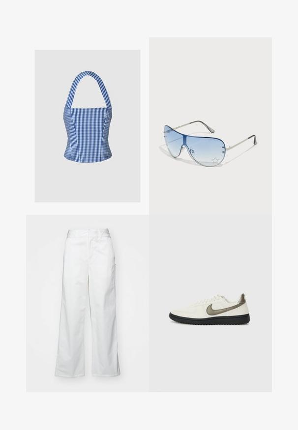 Sinine ja valge ruuduline lühike topp, millel on struktuurne rinnaosa, kaela ümber kinni siduv ja laiad rihmad, omades siledat kangast tekstuuri ja sobivat siluetti.; Valged laiad püksid, mis on valmistatud puuvillast, omavad siledat tekstuuri, sirget lõiget, eesmine taskud ja puhtad äärised.; Nike Sportswear FIELD GENERAL - Tossud - off-white/black; Aviatori prillid, millel on gradient sinine objektiiv, hõbedane metallraam ja dekoratiivsed staaraktsendid objektiivil. Sujuv ja stiilne disain.