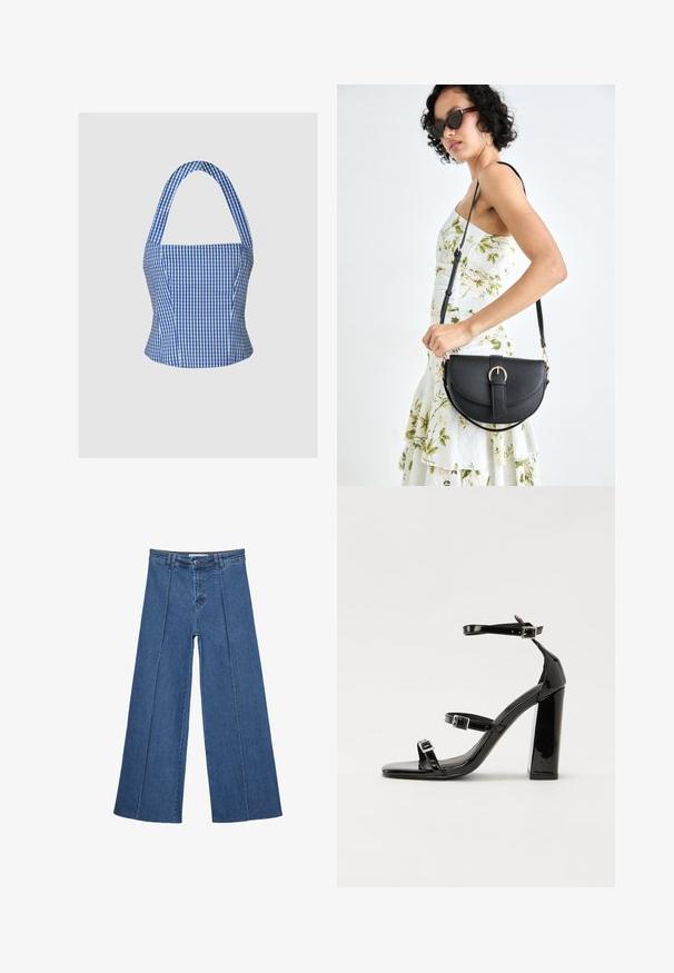 Blaue und weiße Gingham-Crop-Top mit strukturiertem Oberteil, Halterneck und breiten Trägern, ausgestattet mit einer glatten Stofftextur und taillierter Silhouette.; Weite Jeans aus Denim in Mittelblau, mit hoher Taille, Knopfverschluss und kontrastierenden vertikalen Nahtdetails an der Vorderseite.; Schwarze patentierte Sandalen mit Absatz, quadratischer Spitze, Knöchelriemen und silbernen Schnallen. Mit einem stabilen Blockabsatz für mehr Stabilität.; Schwarze Lederhandtasche mit geschwungener Form, abnehmbarem Tragegurt und goldenen Beschlägen. Die Tasche verfügt über einen Deckel mit einer Schnallen-Details.