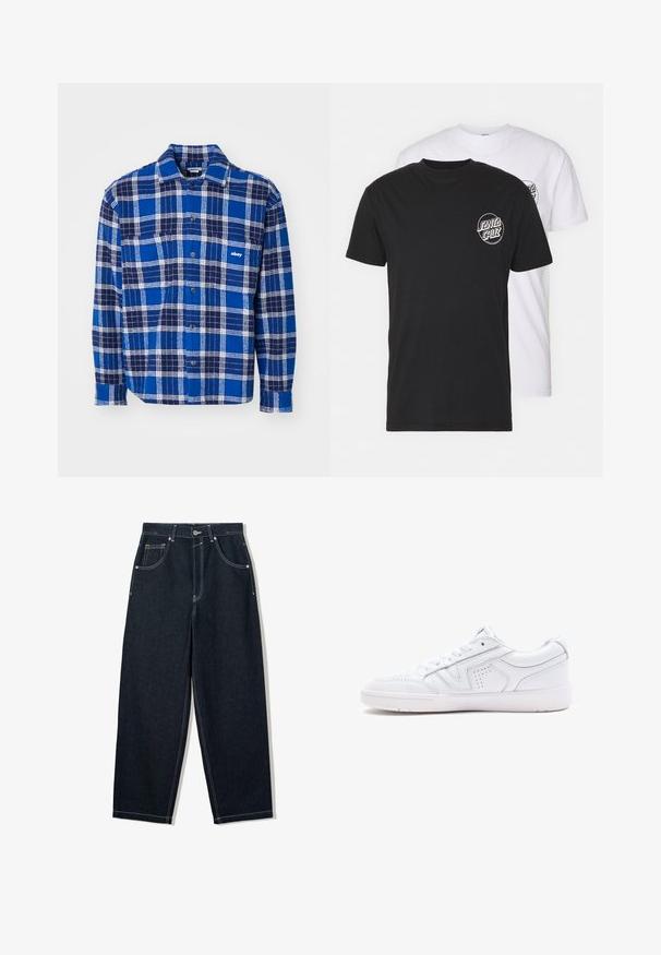 Koszula flanelowa w kratę w odcieniach niebieskiego i granatowego z białymi akcentami. Posiada zapięcie na guziki z przodu oraz kieszeń na piersi. Miękka tekstura i luźny krój.; Zestaw dwóch t-shirtów: jeden czarny, drugi biały. Oba z krótkim rękawem i okrągłym logo na piersi w kontrastowym kolorze. Materiał bawełniany.; Spodnie dżinsowe o szerokich nogawkach w ciemnym denimu z kontrastowym białym przeszyciem, pięcioma kieszeniami i zapięciem na guzik. Posiadają wysoki stan.; Białe skórzane sneakersy o niskim kroju, z okrągłym noskiem, perforowanymi detalami i teksturowaną podeszwą. Zawierają sznurowadła i subtelne akcenty ściegów.