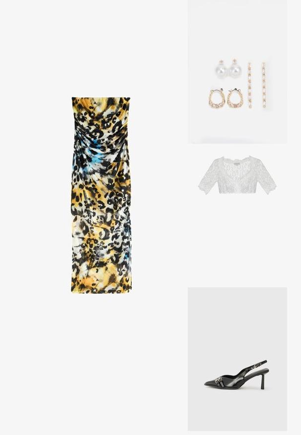 White lace cropped blouse with a V-neckline, short sleeves, and floral patterns. Features scalloped edges for texture and detail.; Leopard print dress made from soft, lightweight fabric. Features ruching, predominantly yellow with black and blue accents. Straight shape.; Black patent leather slingback shoe with pointed toe, ankle straps featuring silver buckles and hardware, and a slender heel.; White synthetic handbag with a triangular shape, flat front flap and bow detail, adjustable strap, smooth texture, and minimalistic design.; Three pairs of earrings: large white pearl studs, gold hoops with clear gemstones, and two long, straight gold accent earrings with sparkly details.