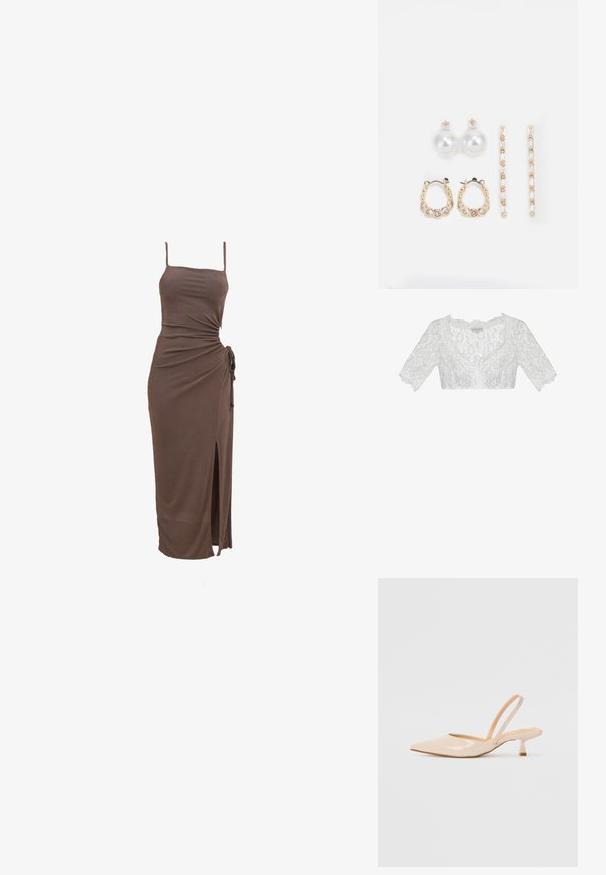 Valge pitsiline lühike pluus V-kaelusega, lühikeste varrukatega ja lillemustriga. Omab servades lainelisi ääriseid tekstuuri ja detaile lisamiseks.; Pruun ilma varrukateta kleit, mis on kitsas siluett, külgmise sõlme detailiga ja reie kõrge lõhiku, valmistatud siledast ja venivast kangast.; Beežist lakitud nahast slingback kontsad terava nina ja peene ruudukujulise kontsaga. Sile tekstuur ja minimalistlik disain ilma kaunistusteta.; Kolm paari kõrvarõngaid: suured valged pärlstudid, kuldsed rõngad läbipaistvate gemmidega ning kaks pikka, sirget kullast aktsentkõrvarõngast sädeleva detailiga.