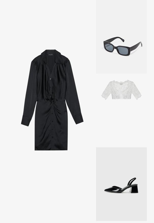 Bluză scurtă din dantelă albă cu decolteu înV, mâneci scurte și modele florale. Prezintă margini zimțate pentru un plus de textură și detaliu.; Rochie neagră cu mâneci lungi, confecționată din satin. Are un decolteu cu nasturi, guler și un detaliu cu nod răsucit la talie.; Pantofi cu toc slingback din piele lacuită neagră, cu vârf ascuțit și toc geometric. Prezintă un design elegant, minimalist și o textură netedă.; Ochelari de soare negri rectangulari cu lentile întunecate, cadru gros din plastic și tâmple late. Suprafață netedă și design unghiular.; Geantă albă matlasată cu un strap din lanț auriu și un închizător rectangular. Prezintă o textură netedă și un model de cusătură geometric.