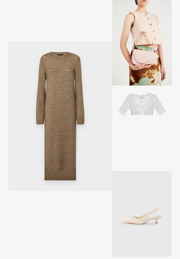 Bijela čipkasta bluzica s crop izrezom, V-izrezom, kratkim rukavima i floralnim uzorcima. Ima valovite rubove koji dodaju teksturu i detalje.; Duga, uska smeđa haljina napravljena od mekog pletenog materijala, s okruglim izrezom i dugim rukavima, s rebrastim detaljima na manžetama i rubu.; Cipele s povučenom petom i uskim nosom u boji off-white, s malim detaljem mašne i niskom potpeticom. Glatka tekstura, minimalistički dizajn.; Ružičasta kožna torba s zakrivljenim poklopcem, jednim remenom za rame i čistim linijama. Torba ima glatku teksturu i minimalistički dizajn.