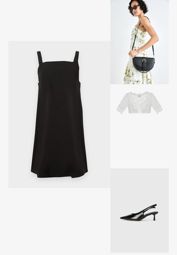 White lace cropped blouse with a V-neckline, short sleeves, and floral patterns. Features scalloped edges for texture and detail.; Black sleeveless dress with a square neckline, made from smooth fabric, featuring a loose fit and straight cut. No visible patterns or hardware.; Black patent leather slingback heels with a pointed toe, thin heel, and adjustable buckle strap. Smooth texture with minimal detailing.; Black leather handbag with a curved shape, detachable strap, and gold hardware. The bag features a flap with a buckle detail.