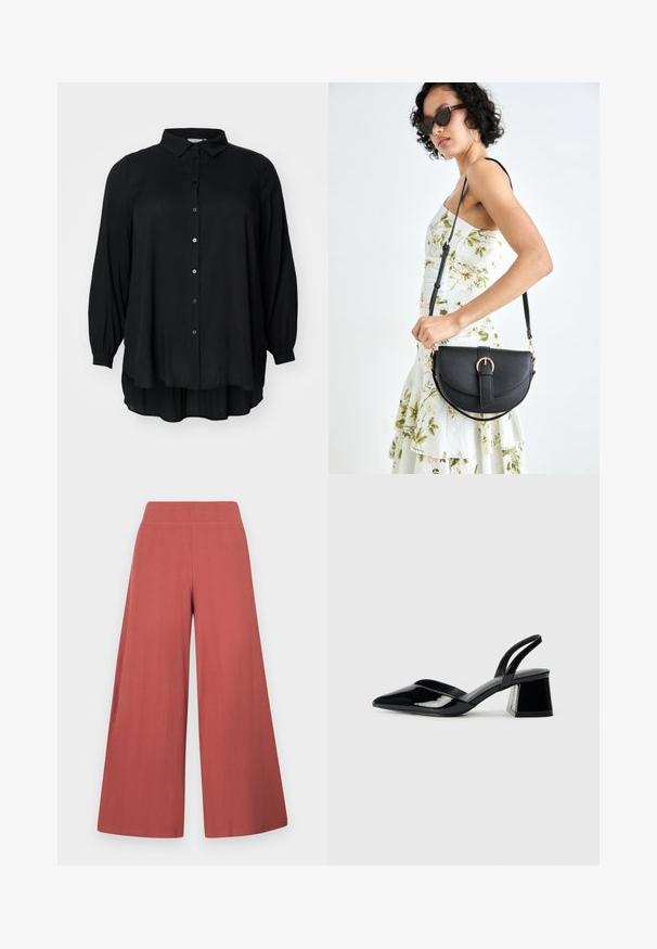 Czarna bluzka z długim rękawem, z kołnierzykiem koszulowym, zapinana na guziki, o luźnym kroju. Wykonana z lekkiego materiału o delikatnym połysku.; Szerokie spodnie w kolorze rdzy, wykonane z teksturowanej tkaniny z pionowymi żebrowaniami. Posiadają wysoki, elastyczny pas.; Czarne lakierowane półbuty na obcasie z wydłużonym noskiem i geometrycznym słupkiem. Charakteryzują się eleganckim, minimalistycznym designem oraz gładką fakturą.; Czarna skórzana torebka o zakrzywionym kształcie, z odpinanym paskiem i złotymi akcentami. Torebka posiada klapę z zapięciem w kształcie klamry.